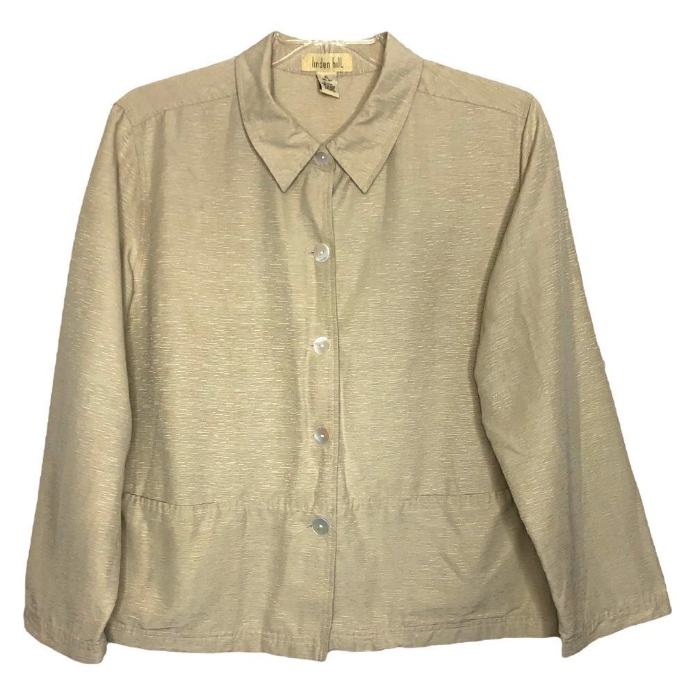 Linden HILL 100% Silk Light Beige Abalone Button Front Jacket w/ Pockets Size XL